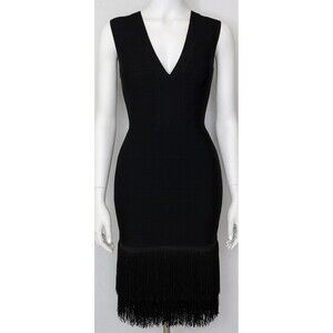 VENUS Black Bandage Bodycon Fringe Hem Cocktail Party Dress 2 -Sleeveless V-Neck